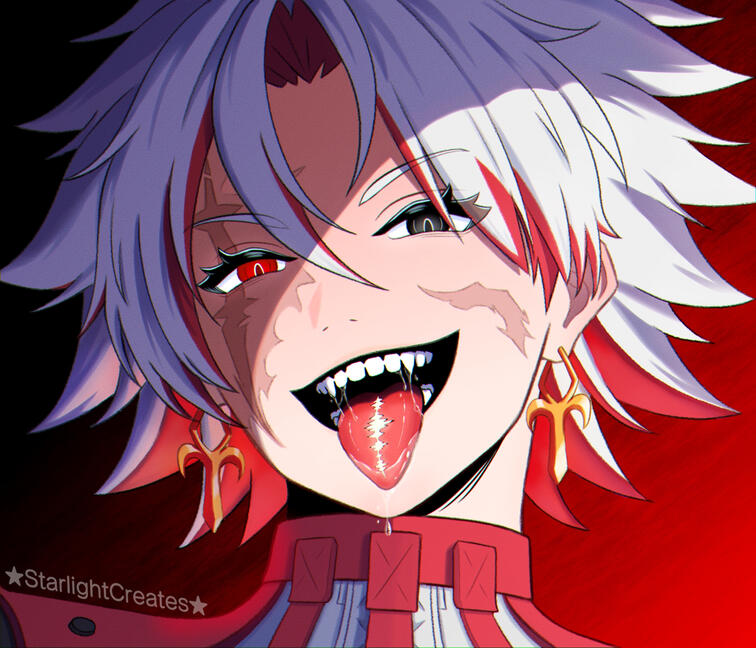 Scar sticking his tongue out to show off his tacet mark.