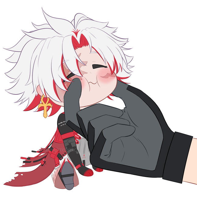 A chibi version of Scar getting his cheeks squished between Rover's index finger and thumb. Scar's eyes are closed and he is blushing. Artist Watermark: StarlightCreates