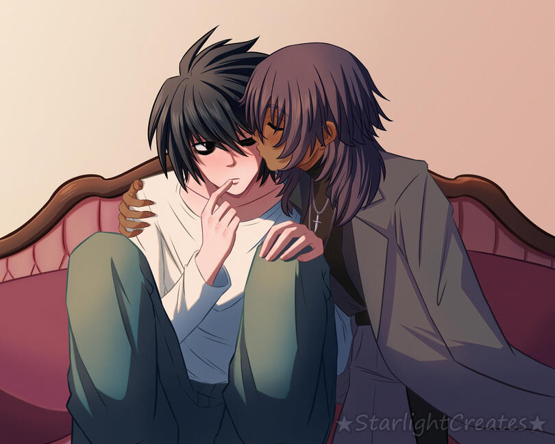 L and Vice are sitting on a loveseat where Vice pulls L into a side hug and leans over to kiss him on the cheek. Artist Watermark: StarlightCreates