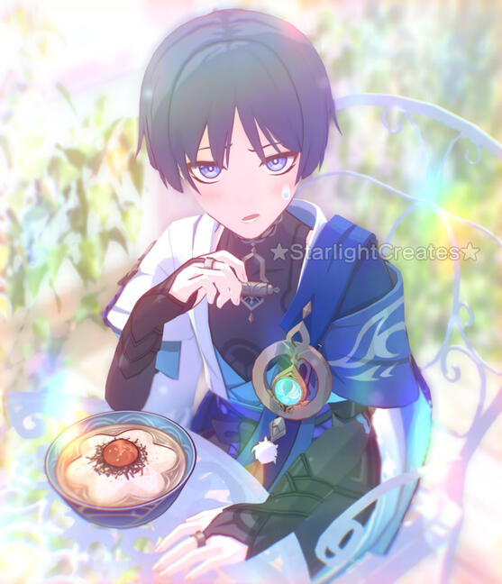 It's a bright sunny day. Wanderer is looking up at the viewer from his seat at a table, feeling a little embarrassed. His cheeks are flushed and a sweat drop has formed on his left cheek.